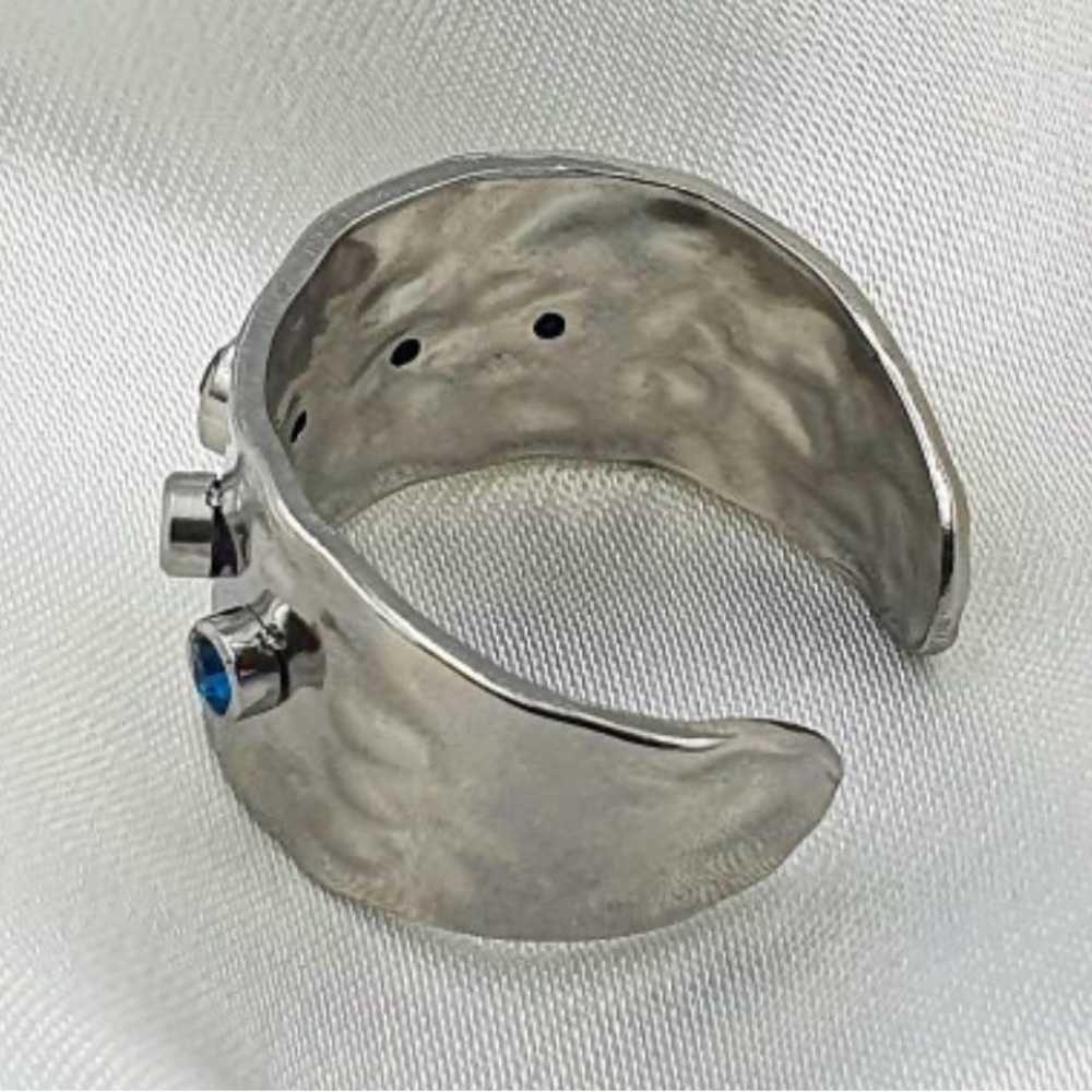 New Free People Silver Textured Open Cuff Cubic Zirconia Statement Ring - Picture 9 of 16